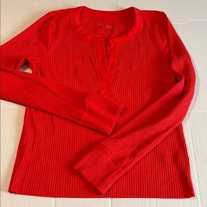 Aerie Tomato Red Ribbed Long Sleeve Henley Top NEW Large